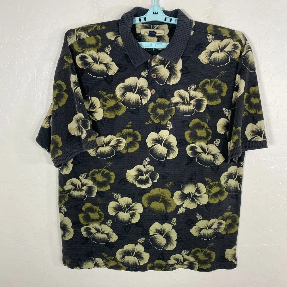 Tommy Bahama Polo Shirt‎ Mens Large Black Green Silk Blend Hawaiian Floral Beach